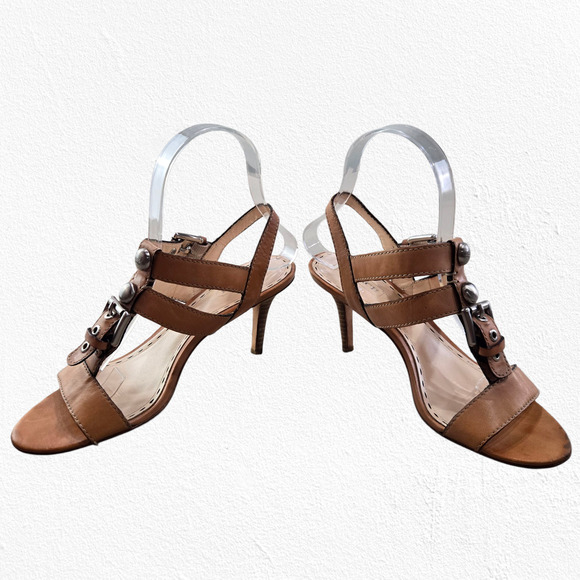 Coach Robin Tan Leather Buckle Sandals Size 6 Strappy Designer Stiletto Heels - Picture 3 of 8